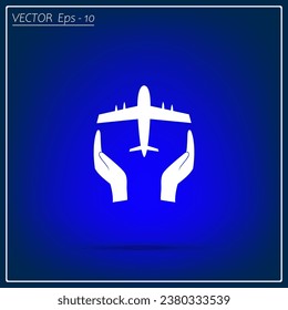Protection of air travel, insurance sign web icon. Airplane in hand. Vector design.