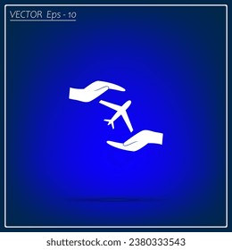 Protection of air travel, insurance sign web icon. Airplane in hand. Vector design.