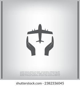 Protection of air travel, insurance sign web icon. Airplane in hand. Vector design.