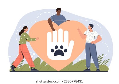 Protection of animals banner. Man and woman stand next to shield with paw print. Love and care for pets and domestic animals. Activists and volunteers, kindness. Cartoon flat vector illustration