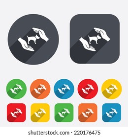 Protection of animals pets sign icon. Hands protect dog symbol. Shelter for dogs. Animals insurance. Circles and rounded squares 12 buttons. Vector