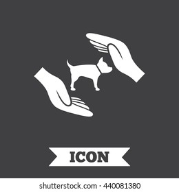 Protection of animals pets sign icon. Hands protect dog symbol. Shelter for dogs. Animals insurance. Graphic design element. Flat pets insurance symbol on dark background. Vector