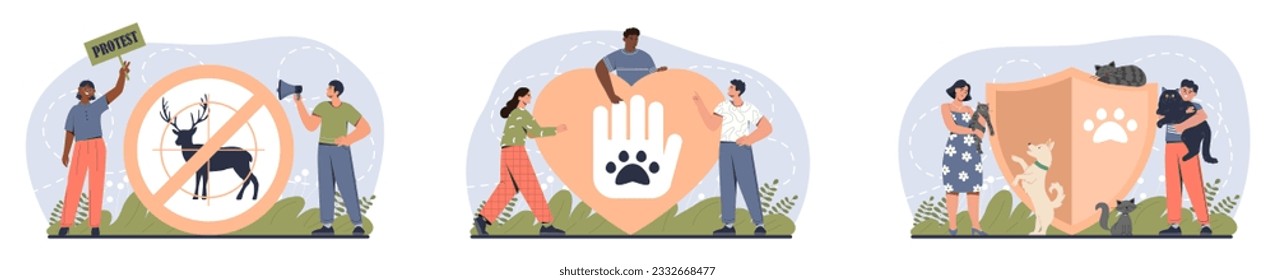 Protection of animals set. Men and women care about nature. Stop hunting and abuse of domestic animals. Activists and volunteers at protest. Cartoon flat vector collection isolated on white background