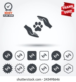 Protection of animals sign icon. Hands protect paw symbol. Shelter for dogs. Animals insurance. Circle, star, speech bubble and square buttons. Award medal with check mark. Thank you ribbon. Vector