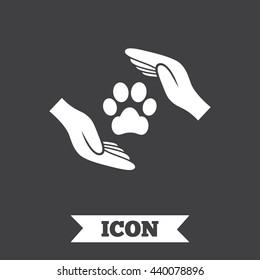 Protection of animals sign icon. Hands protect paw symbol. Shelter for dogs. Animals insurance. Graphic design element. Flat pets insurance symbol on dark background. Vector