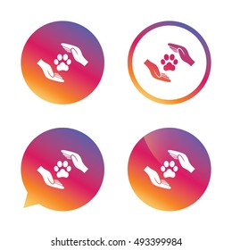 Protection of animals sign icon. Hands protect paw symbol. Shelter for dogs. Animals insurance. Gradient buttons with flat icon. Speech bubble sign. Vector