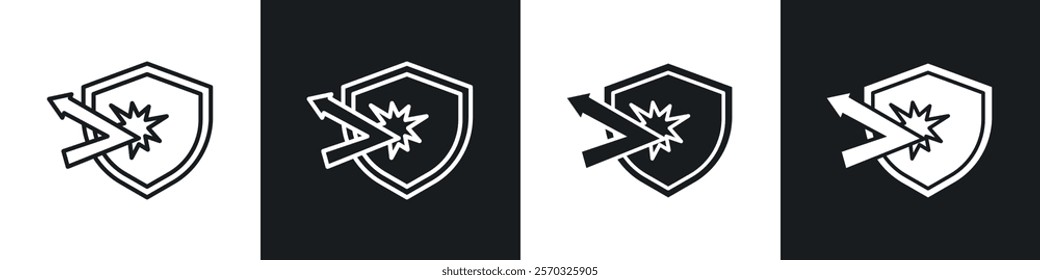 Protection from attack icons vectors set in black. line and flat versions
