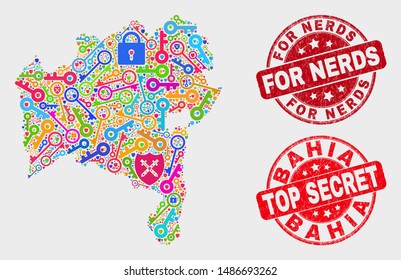 Protection Bahia State map and seal stamps. Red rounded Top Secret and For Nerds grunge seal stamps. Colored Bahia State map mosaic of different lock items. Vector composition for safety purposes.