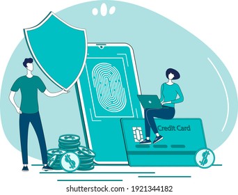 Protection of bank data with biometric access.The concept of electronic payment security.People on the background of a smartphone and a shield.Flat vector illustration.