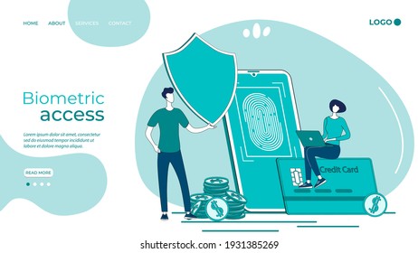 Protection of bank data with biometric access.The concept of electronic payment security.People on the background of a smartphone and a shield.Flat vector illustration.The landing page template.