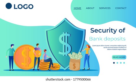 Protection of Bank deposits.Secure Bank transfers.People with money on the background of the shield.The template of the landing page.Flat vector illustration