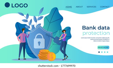 Protection of banking data.The concept of secure Bank transfers.People shield and key as a symbol of security.The template of the landing page.Flat vector illustration.