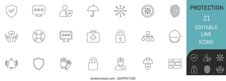 Proteção melhor editável Line Icon Set coleção. com escudo, segurança, proteção, privacidade, defesa, alerta, ID e conceitos de proteção cibernética. perfeito para web, aplicativos e infográficos.