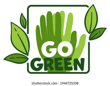 Protection of biological diversity on planet, isolated logotype or emblem with green palms of people, foliage and greenery. Saving earth from pollution and global warming. Vector in flat style