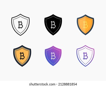 Protection Bitcoin icon set with line, outline, flat, filled, glyph, color, gradient. Editable stroke and pixel perfect. Can be used for digital product, presentation, print design and more.