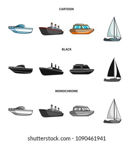 Protection boat, lifeboat, cargo steamer, sports yacht.Ships and water transport set collection icons in cartoon,black,monochrome style vector symbol stock illustration web.