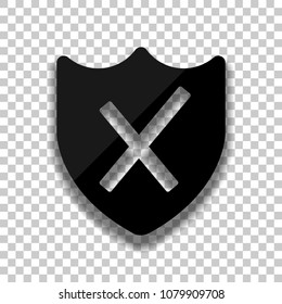 protection broken. simple icon. Black glass icon with soft shadow on transparent background