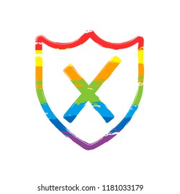 protection broken. simple icon. Drawing sign with LGBT style, seven colors of rainbow (red, orange, yellow, green, blue, indigo, violet