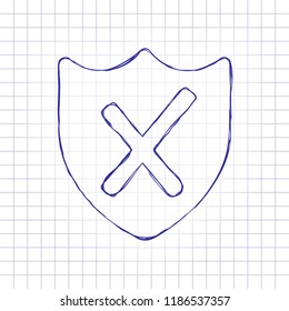 protection broken. simple icon. Hand drawn picture on paper sheet. Blue ink, outline sketch style. Doodle on checkered background