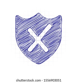 protection broken. simple icon. Hand drawn sketched picture with scribble fill. Blue ink. Doodle on white background