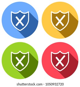 protection broken. simple icon. Set of white icons with long shadow on blue, orange, green and red colored circles. Sticker style