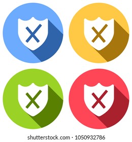 protection broken. simple icon. Set of white icons with long shadow on blue, orange, green and red colored circles. Sticker style