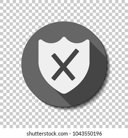 protection broken. simple icon. White flat icon with long shadow in circle on transparent background