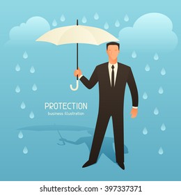 Protection business conceptual illustration with businessman holding umbrella. Image for web sites, articles, magazines.