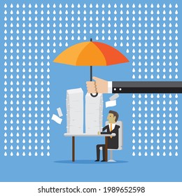 Protection businessman rain unity umbrella business insurance, Vector illustration in flat style