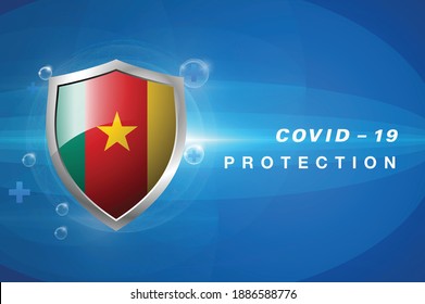 Protection Cameroon flag Coronavirus COVID-19 on dark background. Novel Coronavirus COVID-19.
