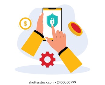 Se puede obtener protección cuando se utilizan aplicaciones bancarias para transacciones, ilustración de vector de pago seguro.