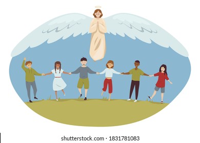 Protection, childhood, education, support, religion, christianity concept. Angel biblical religious character protecting young multiethic happy toddlers schoolchildren kids boys girls. Divine help.