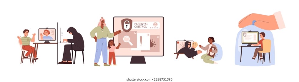 Protección de los niños en internet. Internet de seguridad y control parental del acceso de los niños a la computadora, ilustraciones de vectores planos aisladas en fondo blanco.