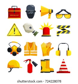 Protection Clothing For Work And Safety Equipment. Protective Equipment And Safety Mask Glasses, Vector Illustration