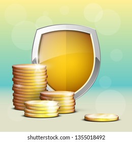 Protection Coins Guard Shield. Safety Vector Badge Money Icon. Privacy Gold Coin Banner Shield. Security Banking Sign. Defense Golden Finans Coins Sticker Shield. Defense Safeguard Sign Money Funds