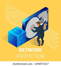 Protection of Computer Hardware in Network Server Room with Staff. Programmer in Security Center Database Server Engaging of Internet Defense. 3D Isometric Cartoon Vector Illustration, Square Banner