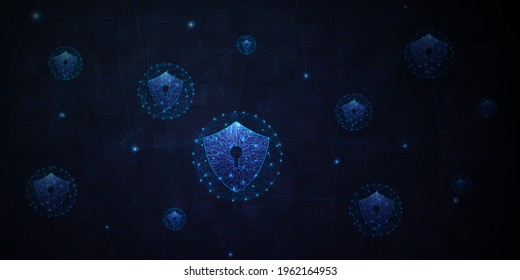 Protection computer network concept.Computer protection virus attack with shield Keyhole icon on dark Blue background.