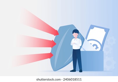 Protection concept. The arrow hit the big shield. Businessman standing near shield, protect financial, insurance, data, asset and investment. Flat vector design illustration.