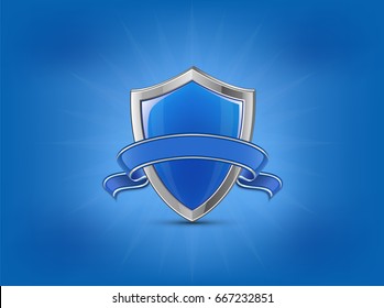 Protection Concept. Blue Glossy Shield With Ribbon On Background Light Beams. Vector Illustration.