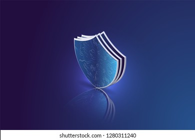 Protection concept: blue Shield icon on digital background. Cybersecurity and information or network protection. Vector