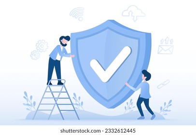 Concepto de protección. Las personas de negocios portan un escudo, representan proteger y mantener seguros los datos personales y confidenciales. Medidas de seguridad, cifrado, cortafuegos, protocolos de acceso seguro.