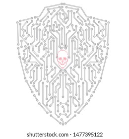  Protection concept of digital and technological. Data security icon. Circuit board shield.Protected guard shield circuit board. Electronic computer hardware processor security technology. Motherboard