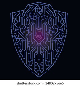  Protection concept of digital and technological. Data security icon. Circuit board shield.Protected guard shield circuit board. Electronic computer hardware processor security technology. Motherboard