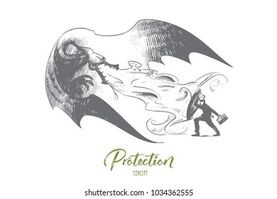 Protection concept. Hand drawn businessman with shield fighting against dragon. Saving business from crisis concept isolated vector illustration.