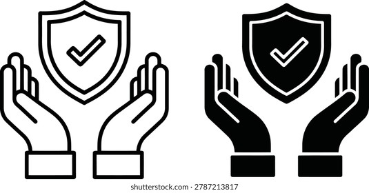 Protection concept hands holding shield with check mark icon set