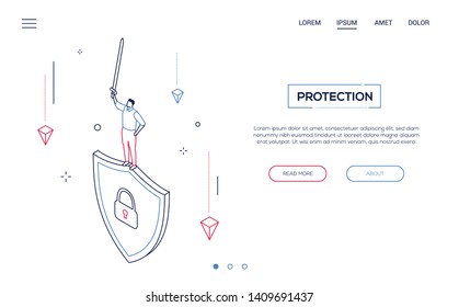 Protection Concept - Line Design Style Isometric Web Banner On White Background With Copy Space For Text. Website Header With Confident Businessman Standing On A Shield, Holding A Sword. Safety Theme