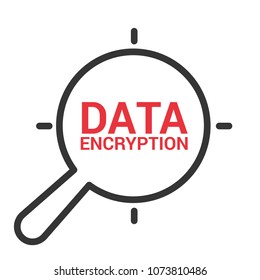 Protection Concept: Magnifying Optical Glass With Words Data Encryption. Vector illustration