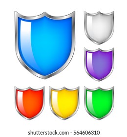 Protection concept. Set of glossy shield, icon design. illustration isolated on white background.