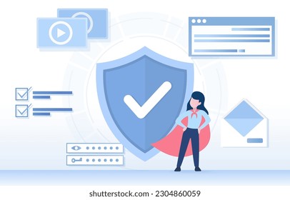 Protection concept. Super woman standing in front of a shield to protecting email privacy. Accessing personal information with a stronger password. Flat vector illustration.