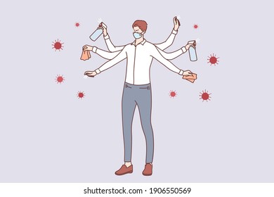 Protection from Coronavirus COVID-19 infection concept. Young businessman in medical face mask with multiple hands washing, sanitising hands and cleaning surfaces to protect from coronavirus 